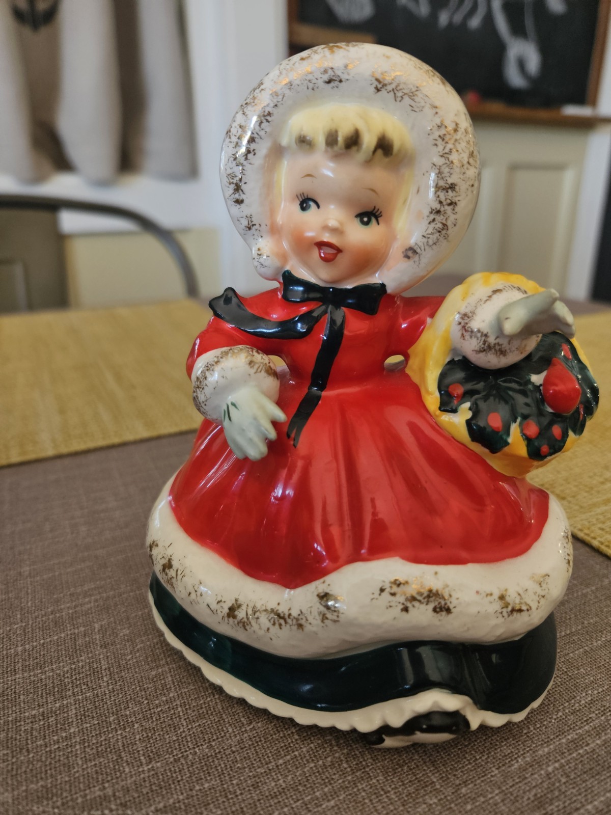 Vintage Norcrest Christmas Shopper Girl Figurine w/Holly Leaf Basket Japan #F188