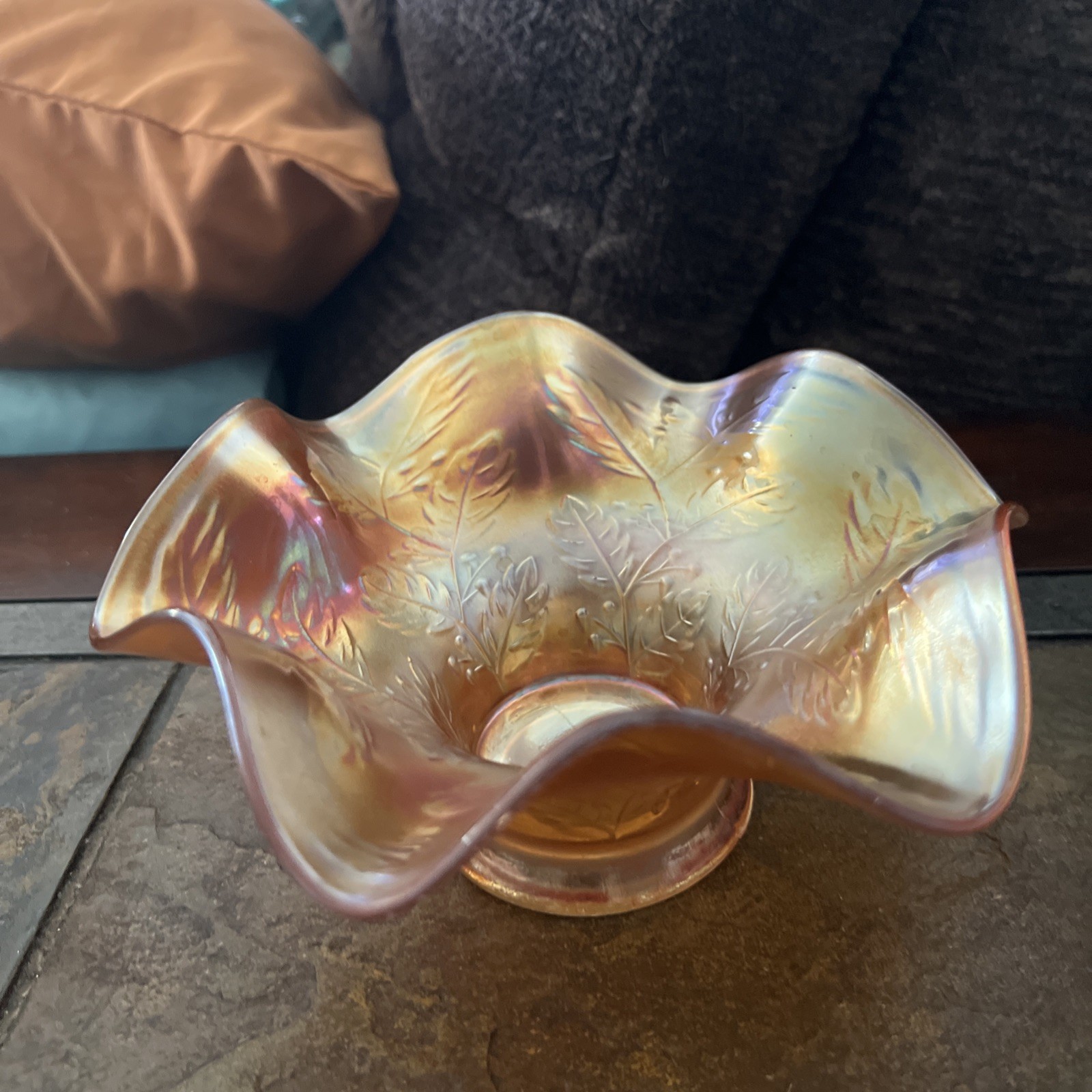 Vintage Marigold Carnival Glass Ruffled Bowl Iridescent Leaf Berry Pattern