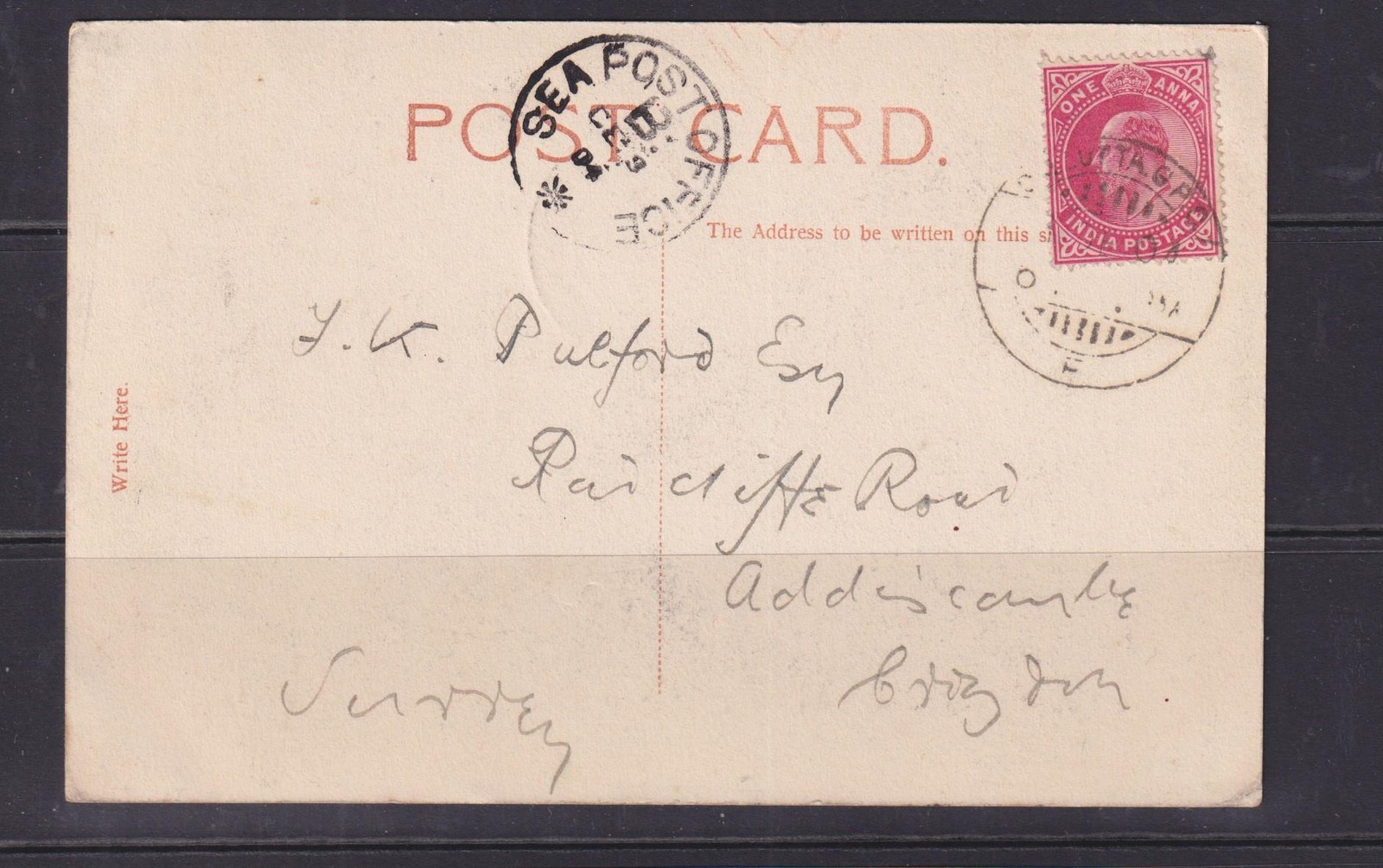 INDIA, CALCUTTA, CHOWRINGHEE FROM YMCA BUILDING, 1904 ppc to GB, SEA POST OFFICE INDIA, CALCUTTA, CHOWRINGHEE FROM YMCA BUILDING, 1904 ppc to GB, SEA POST OFFICE
