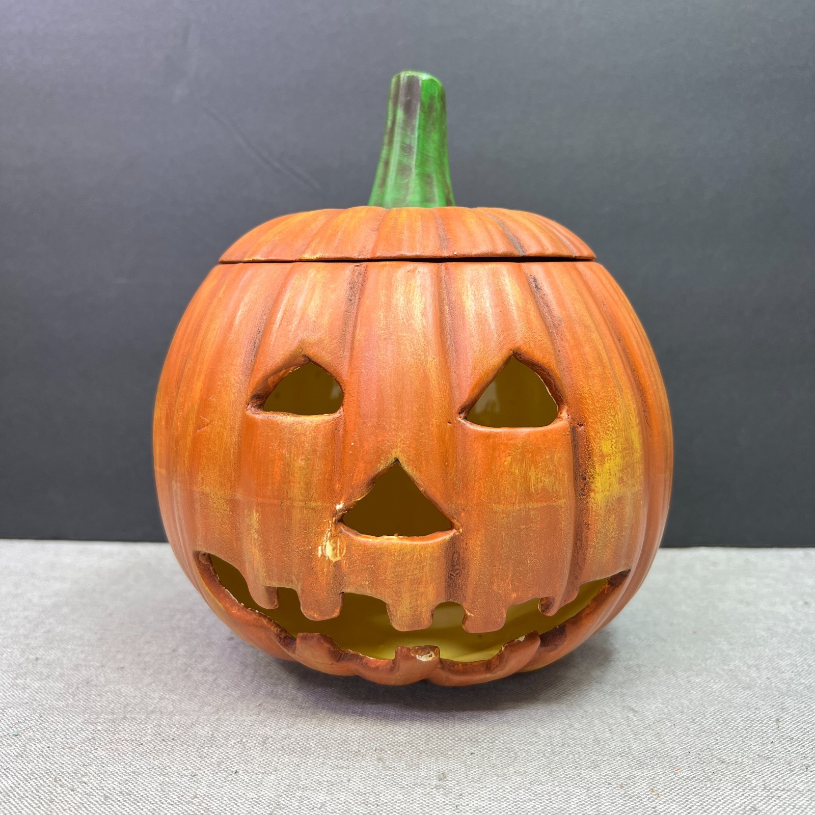 Vintage 1996 Handmade Ceramic Jack O Lantern Pumpkin Candle Holder Halloween
