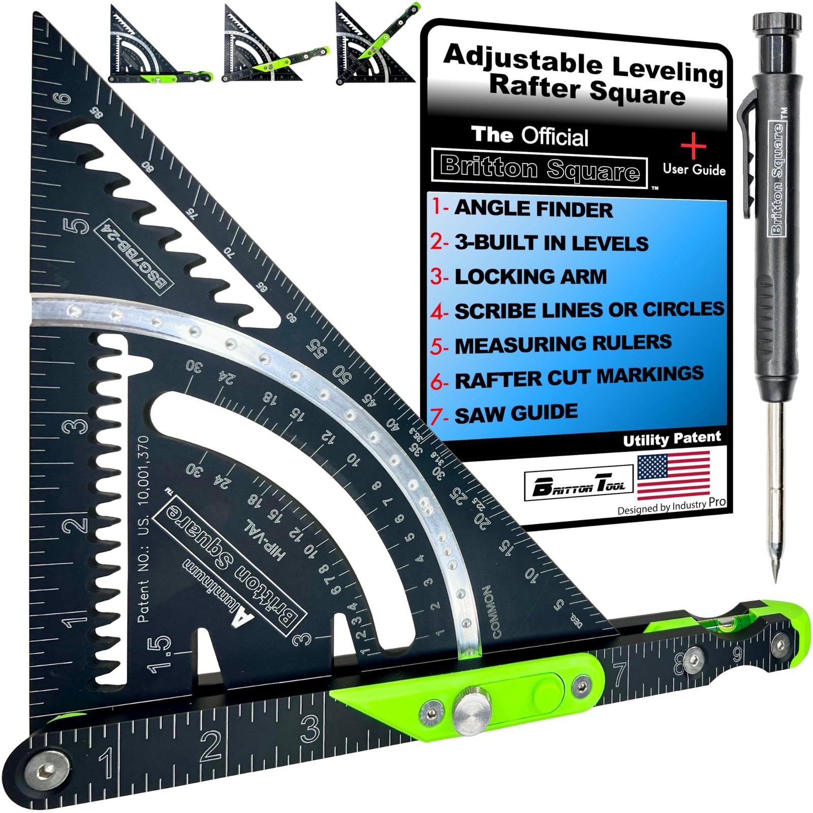 7\'\'-Black/Green Aluminum Rafter Square -Rafter Square with Level, Innovative ...