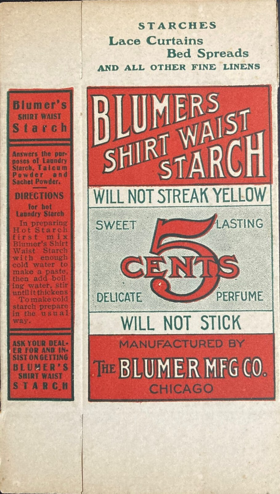 1910 Blumers Shirt Waist Starch Box – Chicago - “New Old Stock” 100 Years + Old.