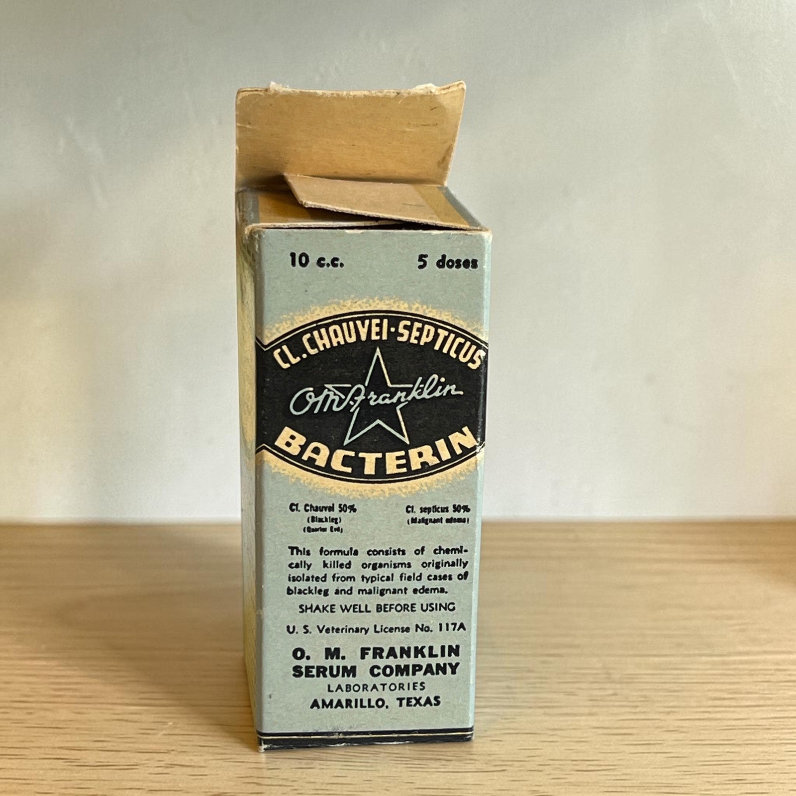 Vintage 1948 O M Franklin Bacterin Empty Box Texas Veterinary Medicine VTG