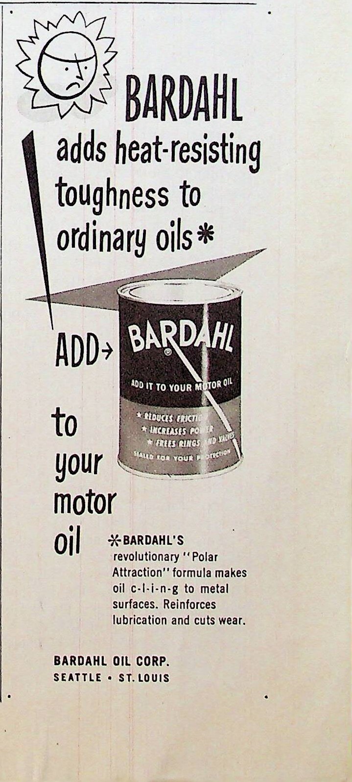 1951 Bardahl Motor Oil Vintage 1950s Print Ad Heat Resisting Toughness Sad Sun