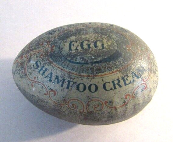 ANTIQUE BASSETT\'S EGG SHAMPOO CREAM VINTAGE OVAL TIN LITHO ROCHESTER NY