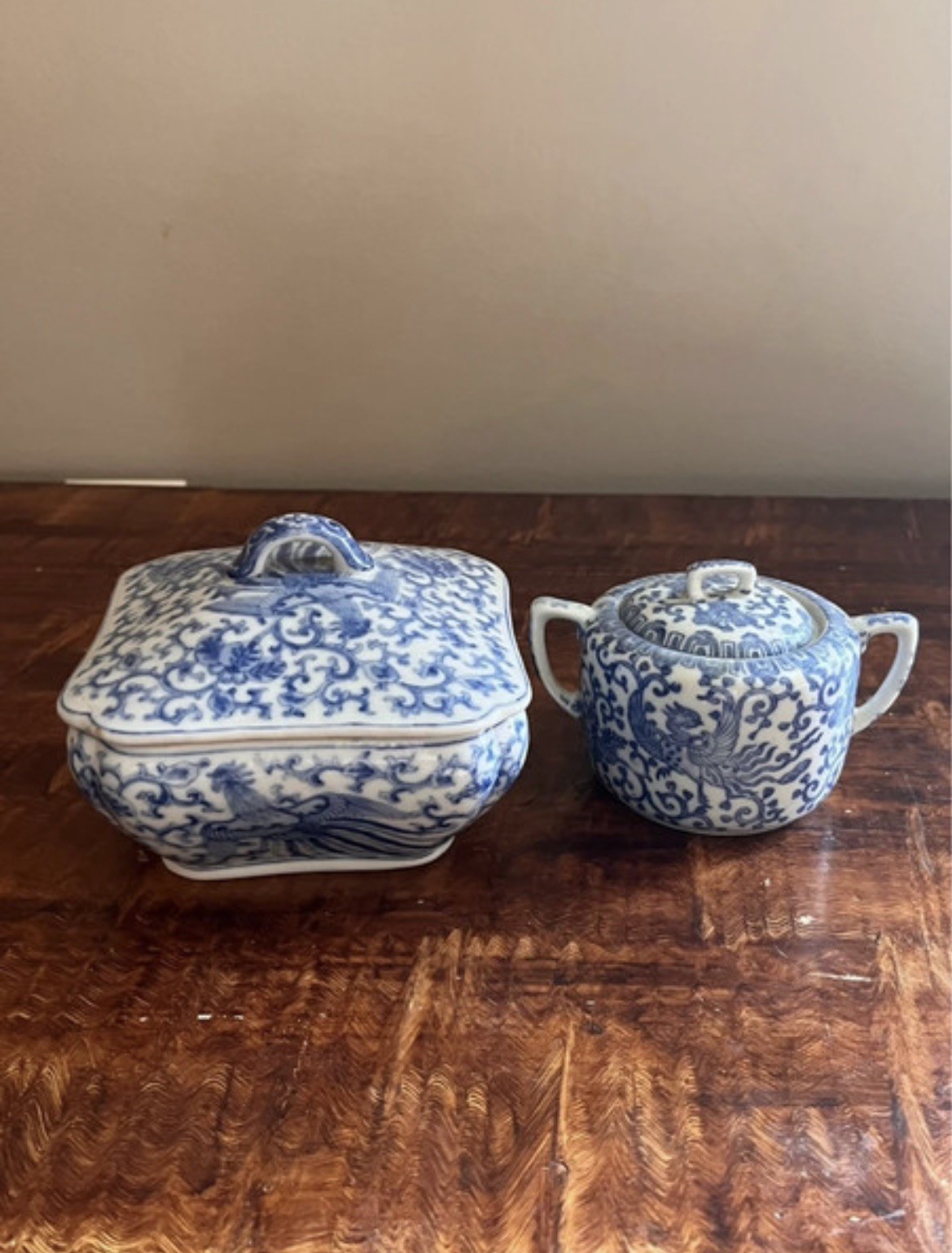 2 Vtg Blue White Phoenix Sugar Bowl with Lid