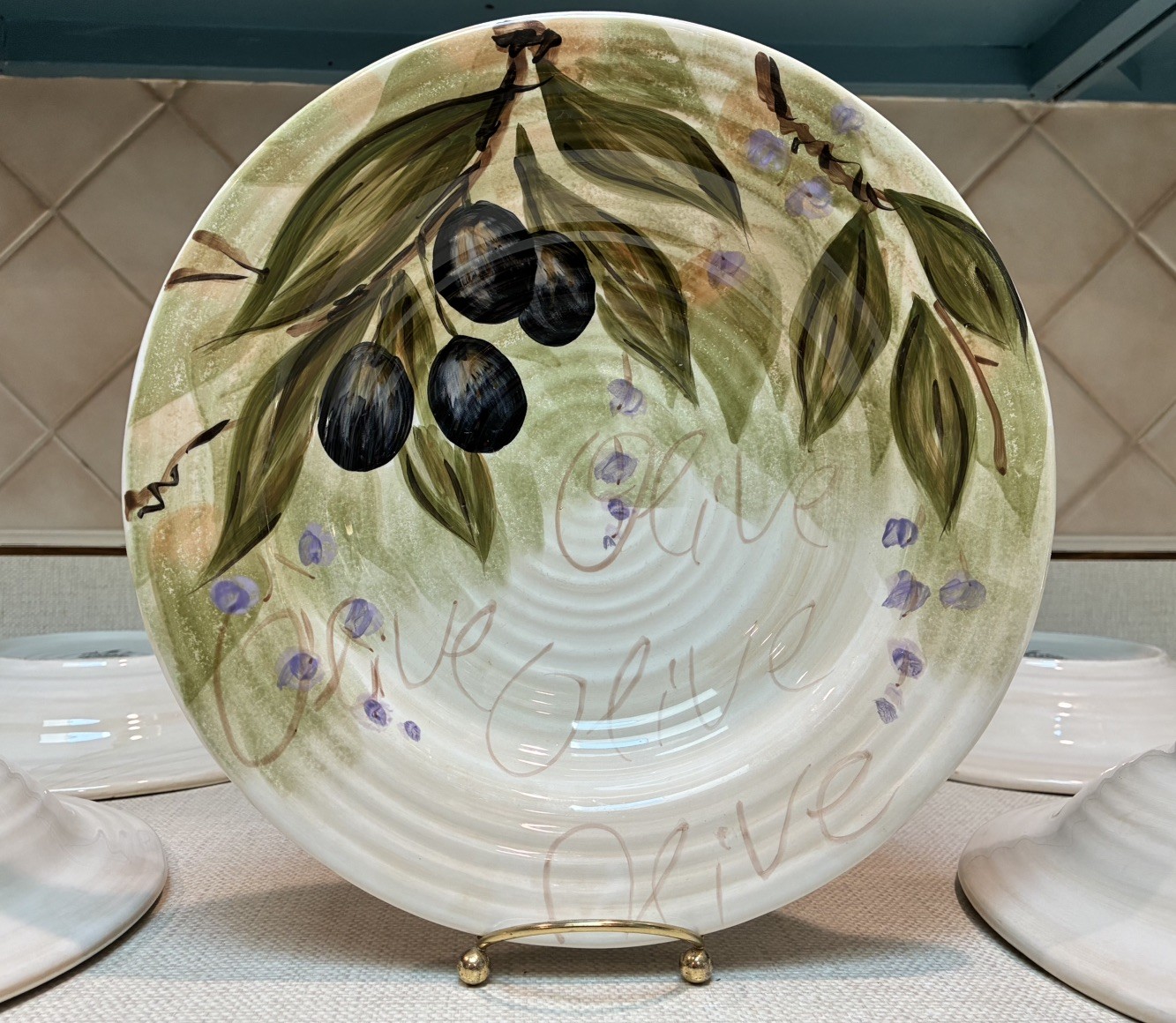 ￼Tabletop Unlimited Olive Grove Rim Soup Bowl 11.25” Hand Painted Pasta Bowl