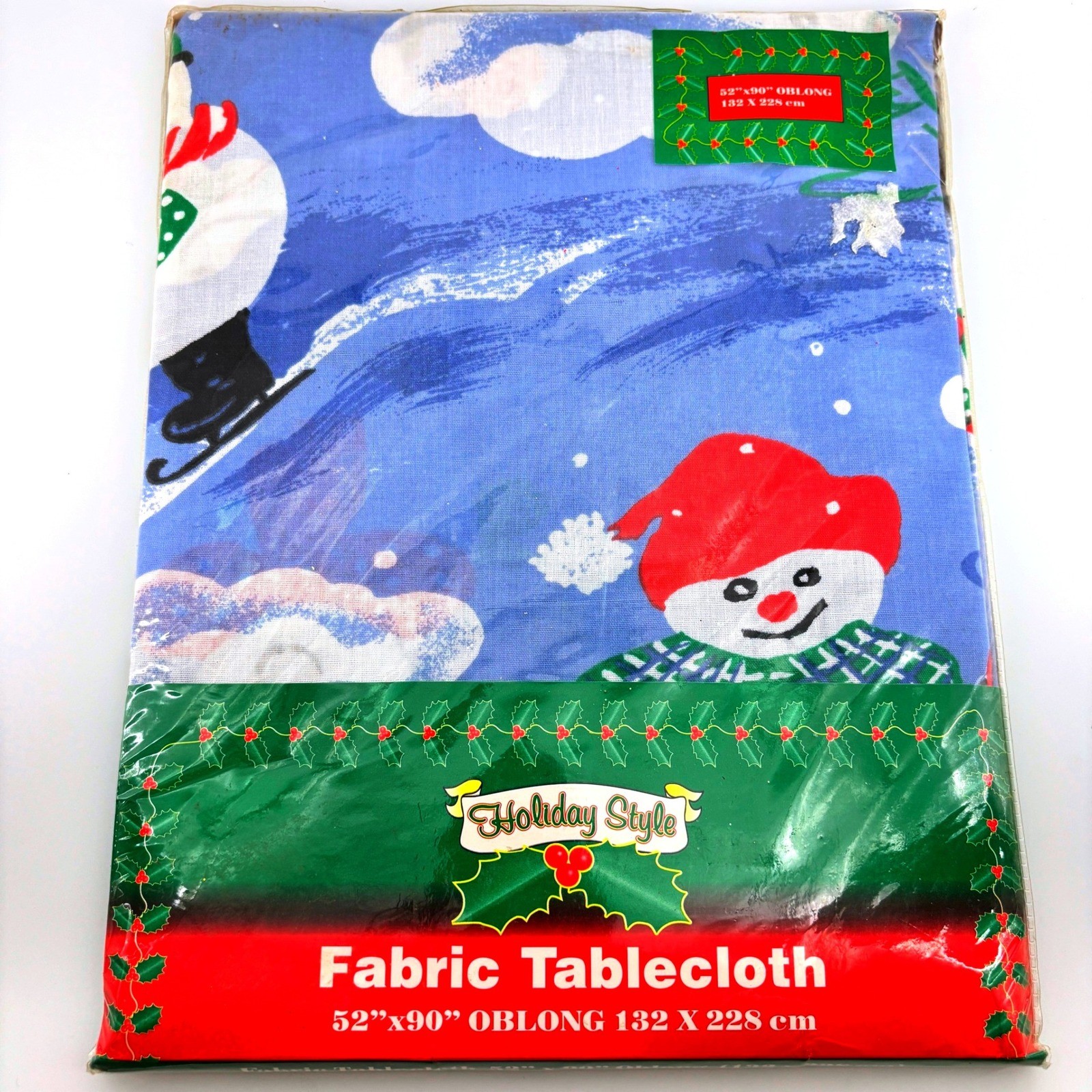 Vtg 90s Skiing Skating Snowman Tablecloth 52x90 Oblong Retro Holiday Whimsy NEW