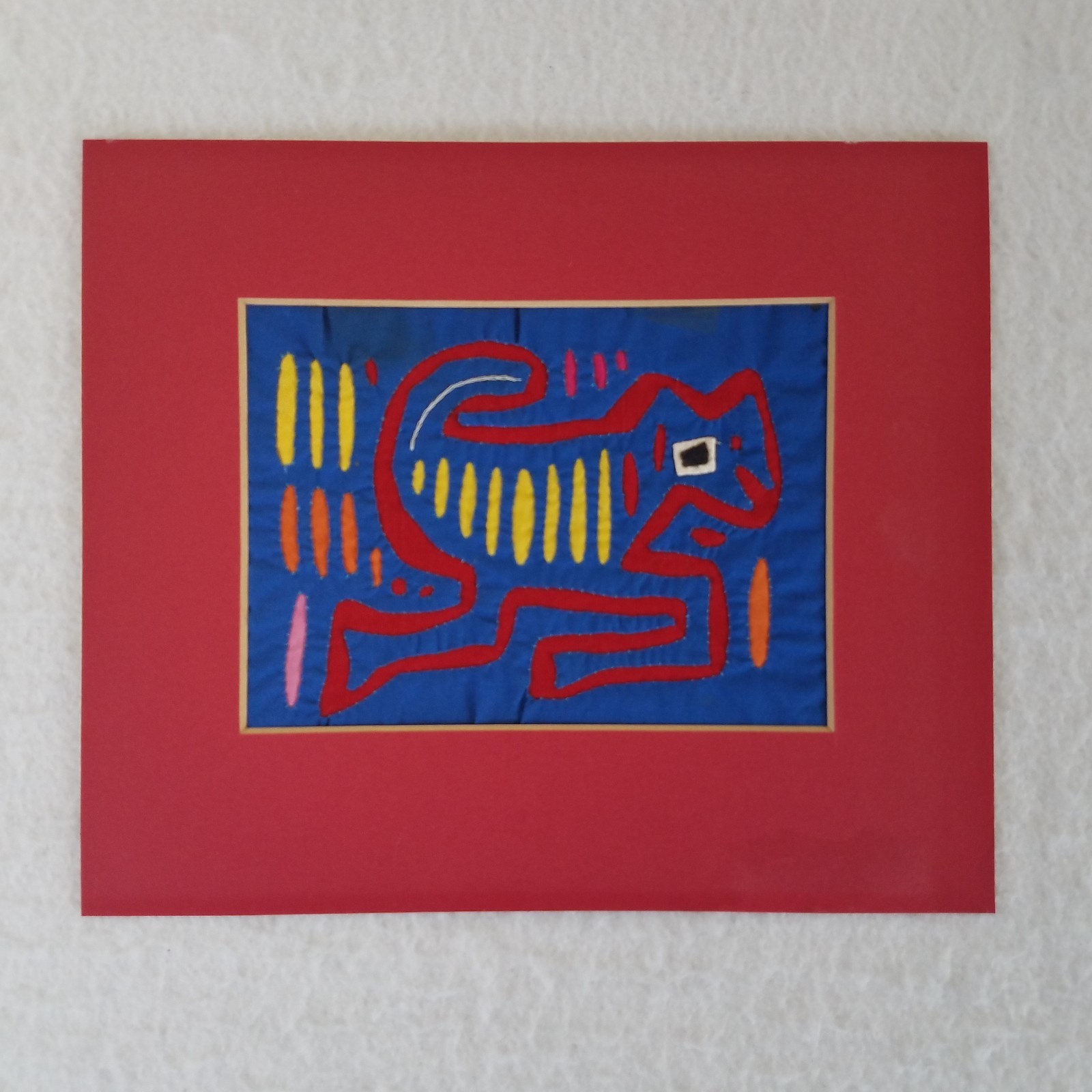 Mola Textile Art Panel Iguana Matted Vintage 10X8.5 Kuna Panama Hand Crafted