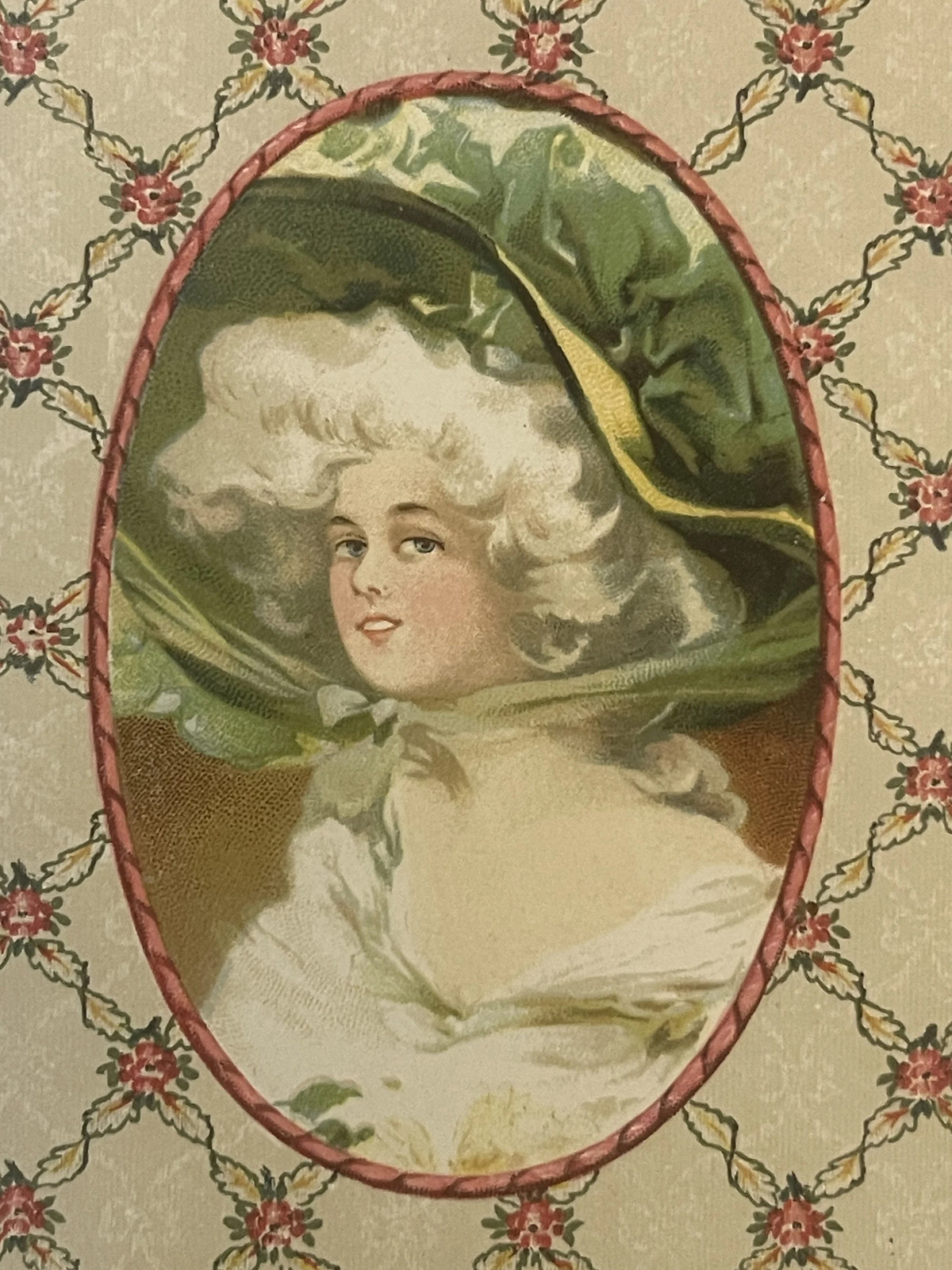 Antique 1800s Candy Box Insert 🎩 Green Hat Powdered Wig Lady Chromolith NOS