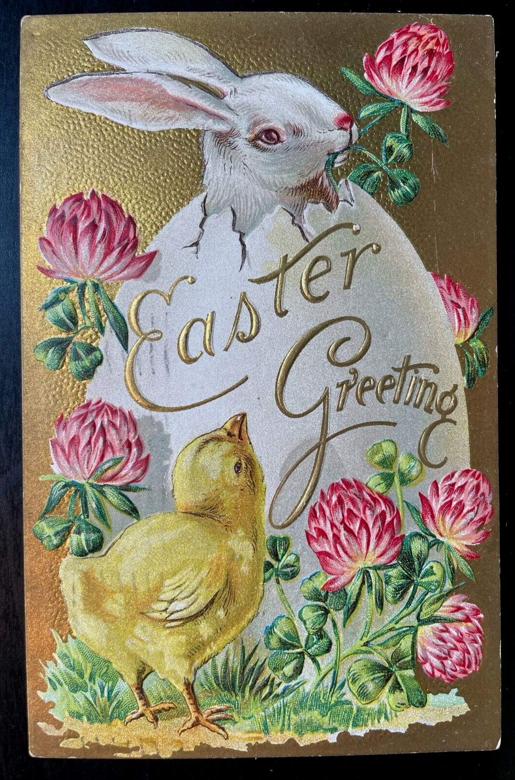 Vintage Victorian Postcard 1910 Easter Greetings - Big White Bunny with Clover