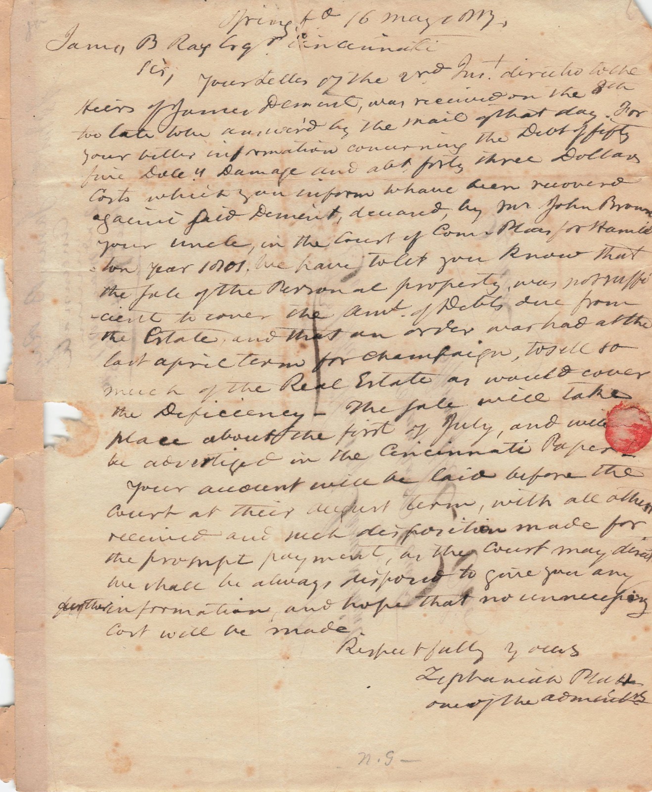 1817 Letter James Demint Estate Springfield Ohio Founder James B Ray Indiana Gov