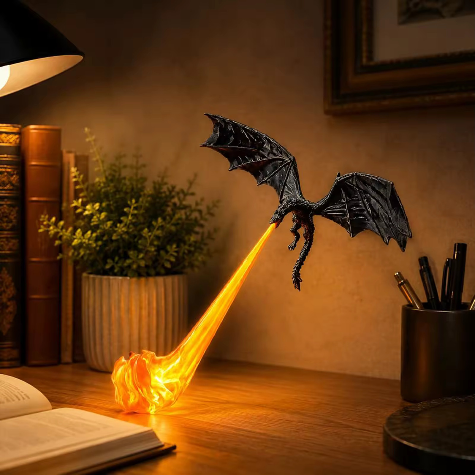 3D Flying Dragon Bookshelf Nook Light, Library Lantern Decor Flame Orange