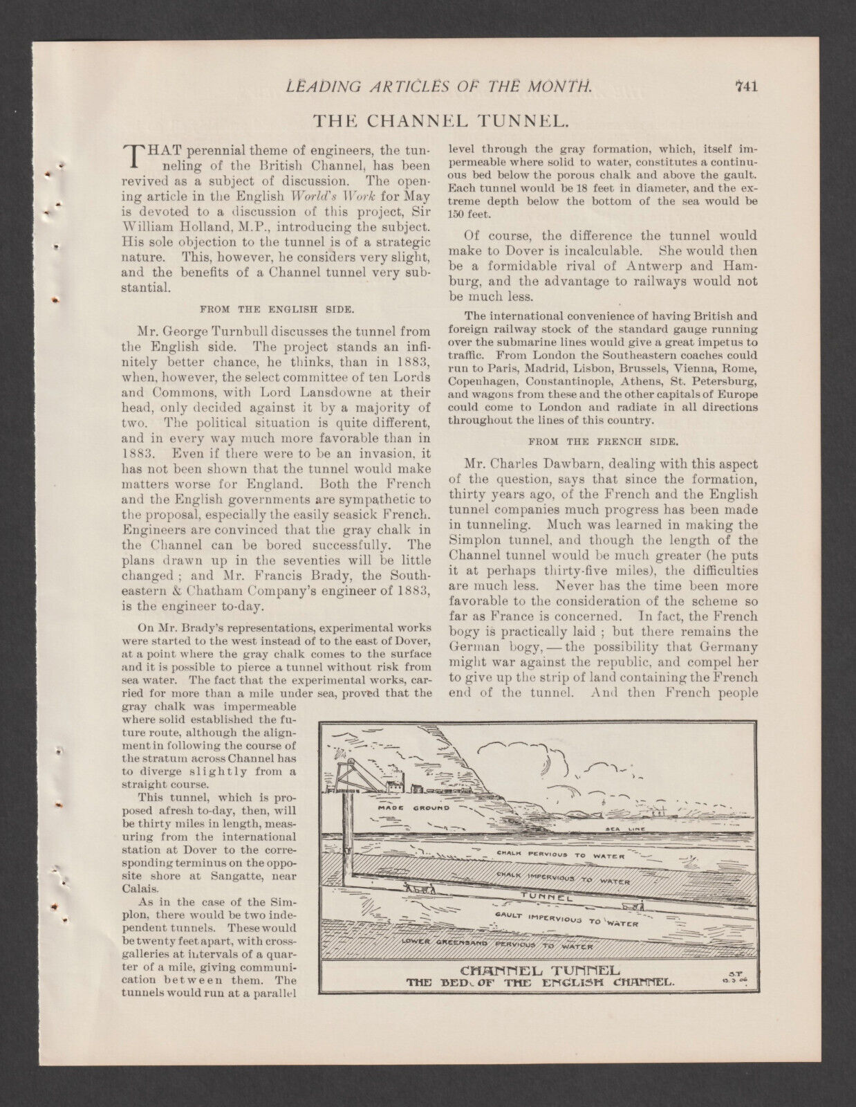 Channel Tunnel Between England and France 1906 Magazine Article English Channel