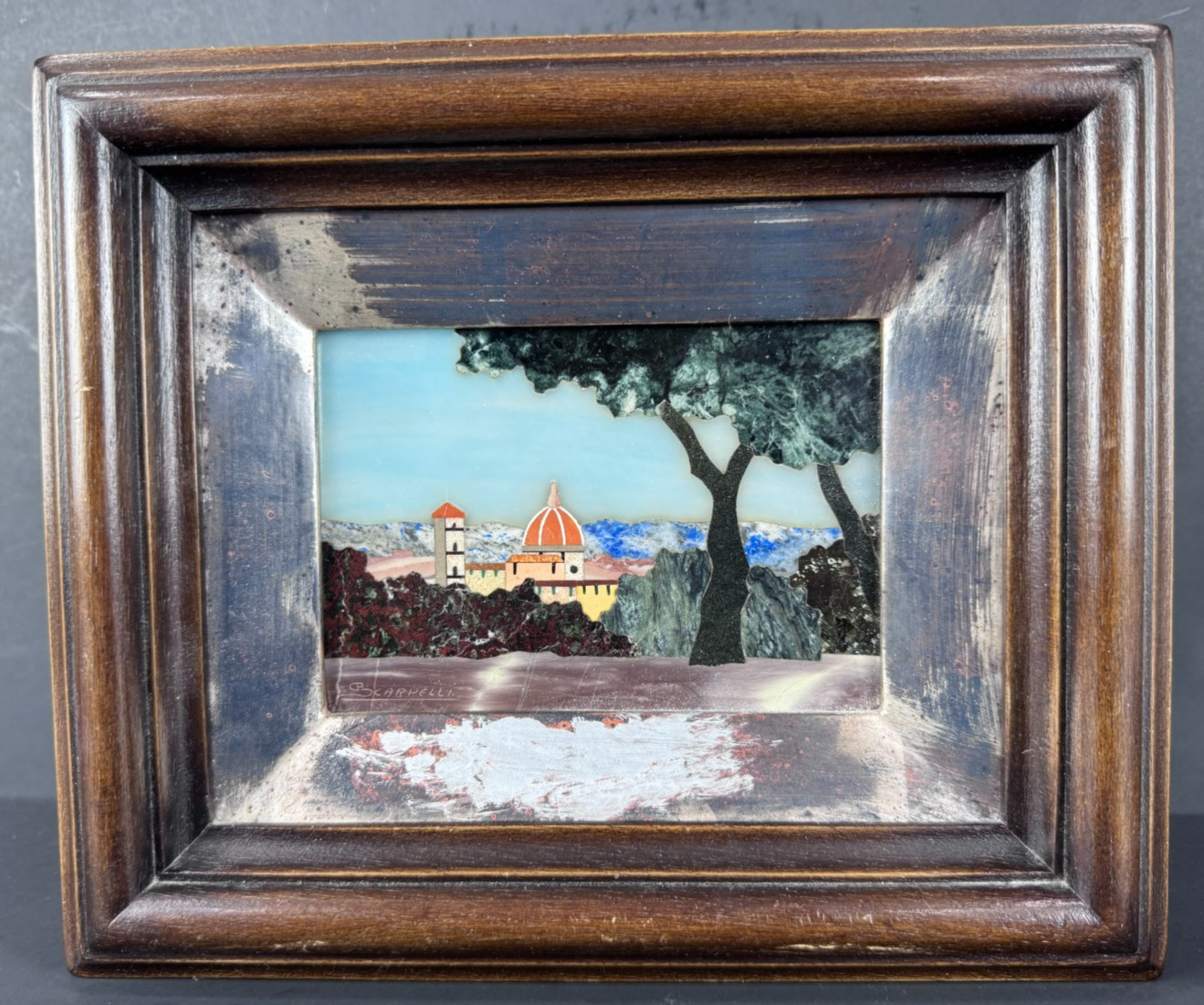 VTG Signed Renzo Scarpelli Pietra Dura Framed Italian Mosaic Gemstone Landscape