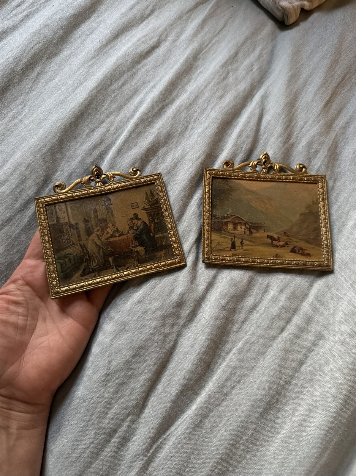 Vintage Miniature Landscape Prints Pair Ornate Gold Gilt Baroque Two Frames