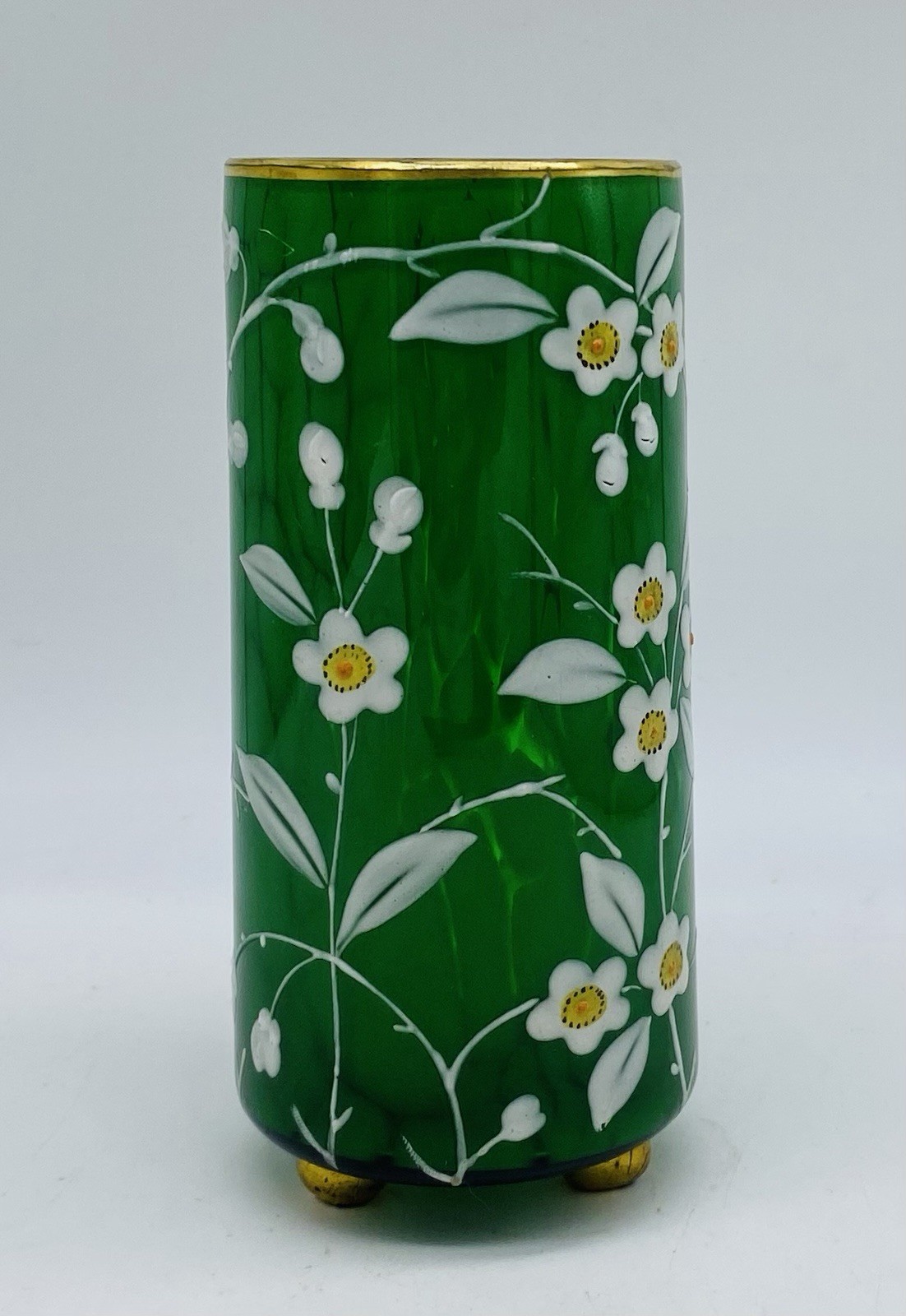 Ca.1880’s Bohemian HARRACH Green Marbled Footed Glass Vase With Floral Enamel Ca.1880’s Bohemian HARRACH Green Marbled Footed Glass Vase With Floral Enamel