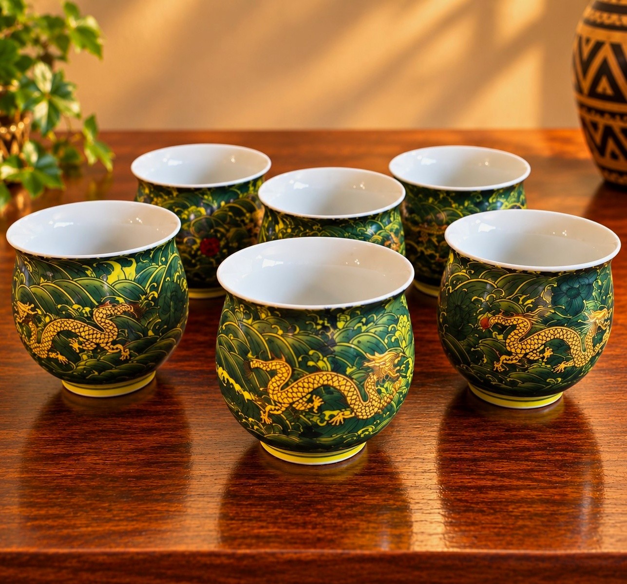 Chinese Porcelain 6 Tea Cups, Green & Gold & Yellow, With Seal Mark