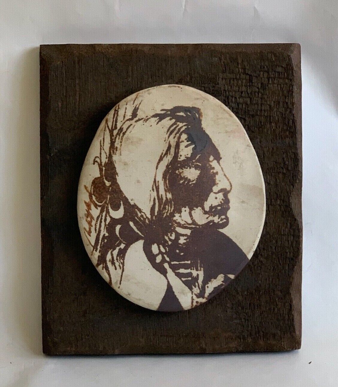 Signed, Vintage Ceramic Native American Portrait on Wood