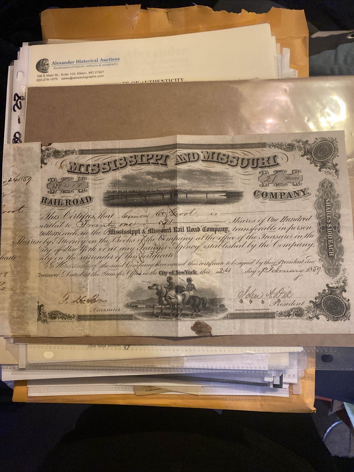 Mississippi and Missouri Railroad Co. Signed by General John A. Dix - 1859 COA