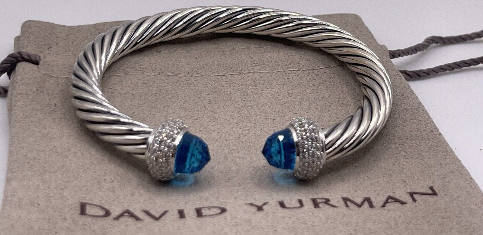David Yurman 925 Silver 7mm Candy Blue Topaz  & Diamonds Bracelet Medium