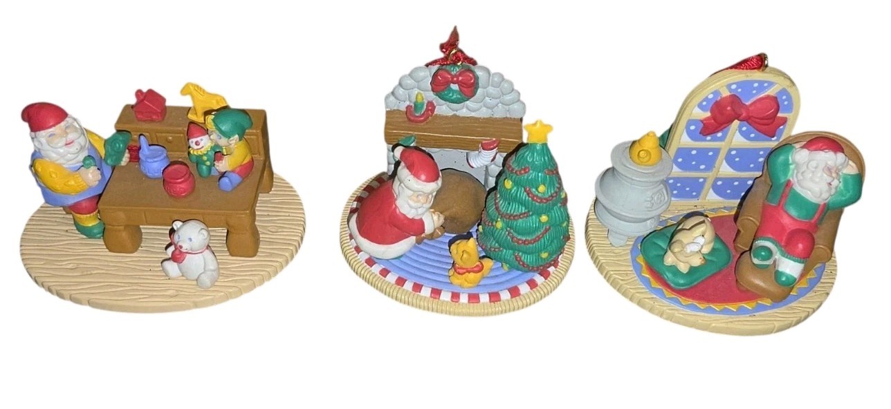 Vtg 1992 Avon Christmas With Santa Ornaments Lot of 3 Workshop, Nap, Delivery Vtg 1992 Avon Christmas With Santa Ornaments Lot of 3 Workshop, Nap, Delivery