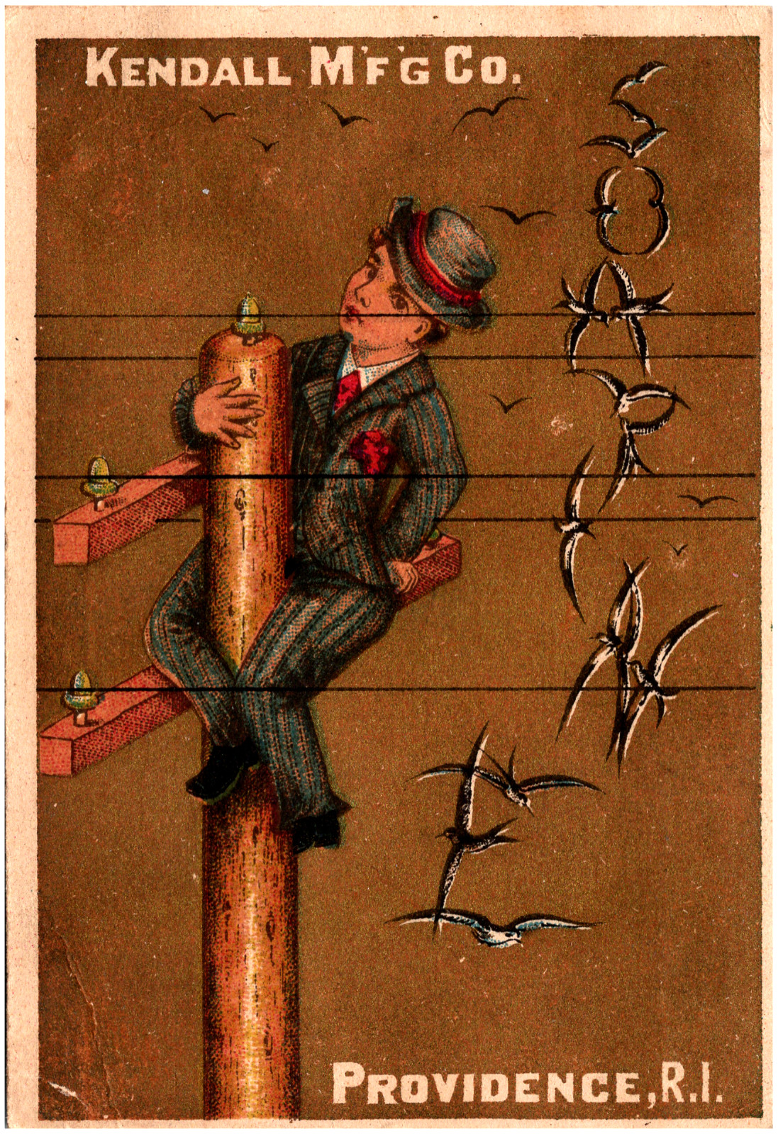 1890s Kendall Mfg Co. Soapine Trade Card Providence RI Man on Pole & Birds