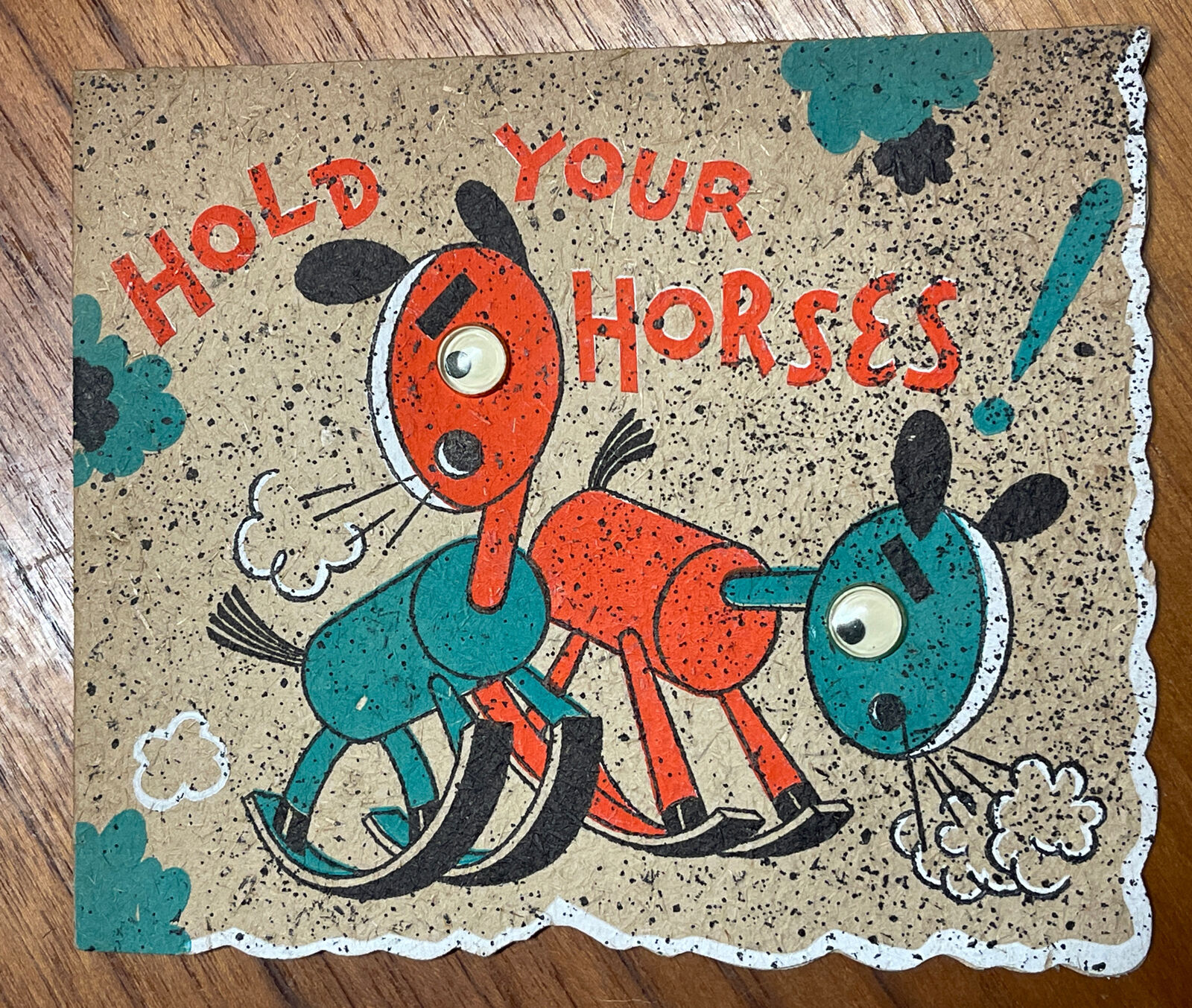 Vintage Rust Craft Christmas Card Hobby Horses Craft Paper Google Eyes
