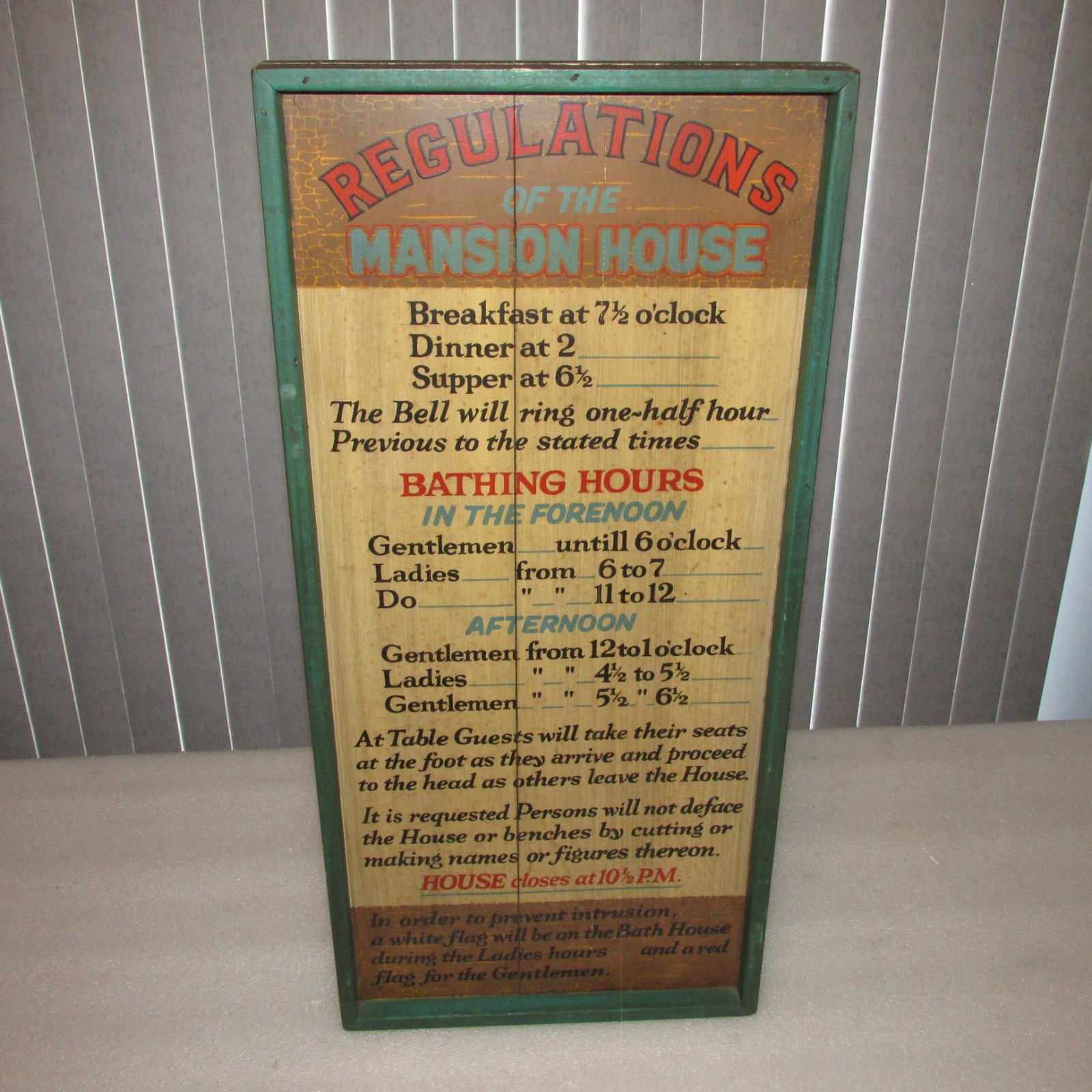 Vintage Yorkraft SIGN 1968 Regulations of the Mansion House Rules 12x26 RARE
