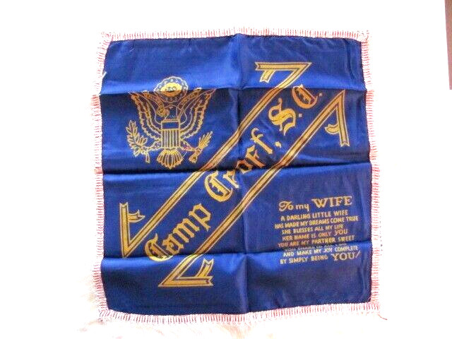 WWII WW2 US MILITARY SILK PILLOWCASE, CAMP CROFT, SPARTANBURG CO SOUTH CAROLINA