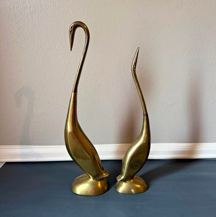 Pair Vintage Mid Century Brass Heron Statues - 17” and 14”