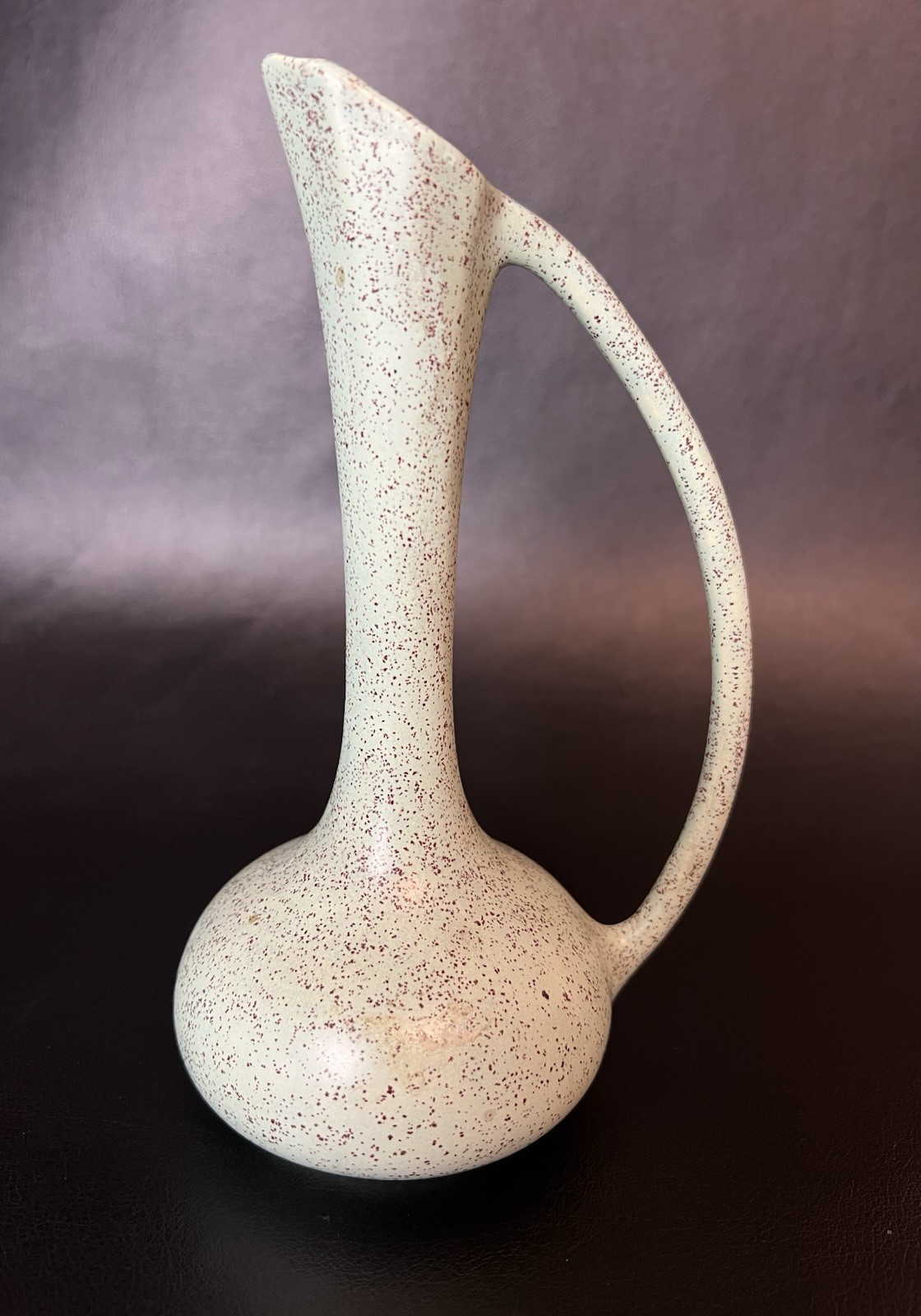 Vintage MCM Atomic Gooseneck Ewer Vase Matte Mint Green Speckled Pottery