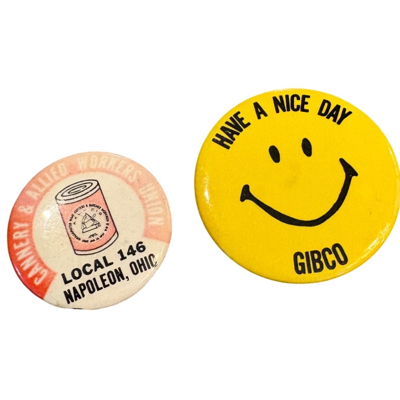 Vintage Smiley Face GIBCO Have A Nice Day & Union Local 146 Pinback Buttons Lot Vintage Smiley Face GIBCO Have A Nice Day & Union Local 146 Pinback Buttons Lot