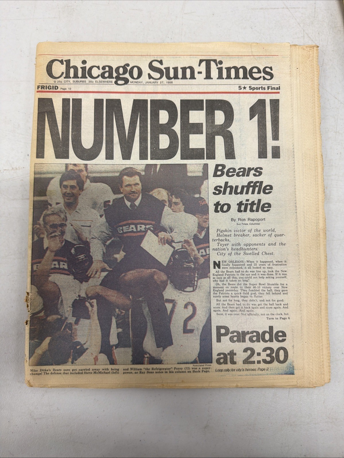 Chicago Sun-Times BEARS NUMBER 1 Super Bowl XX Jan 27 1986 paper unused 1985