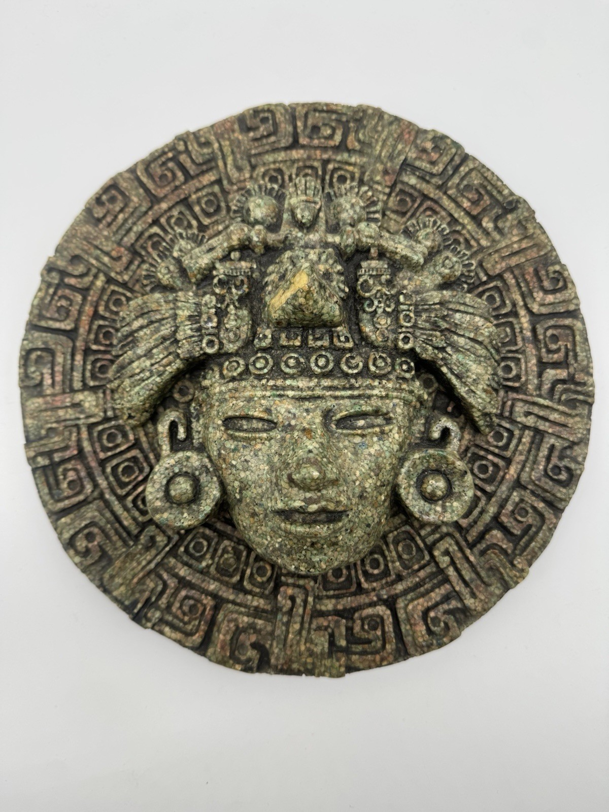 Vintage Aztec/Mayan Warrior – Crushed Malachite Stone Resin, Tribal Wall Decor