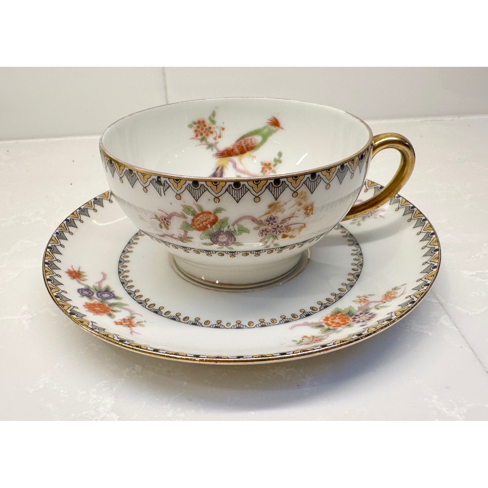 Antique 1920s Elite Limoges Bird of Paradise Teacup Saucer Bawo & Dotter France