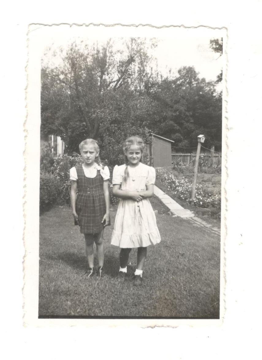 Vintage Photo 2 Girls Sisters Backyard Pose 1940\'s 1950\'s Found Art OPL27