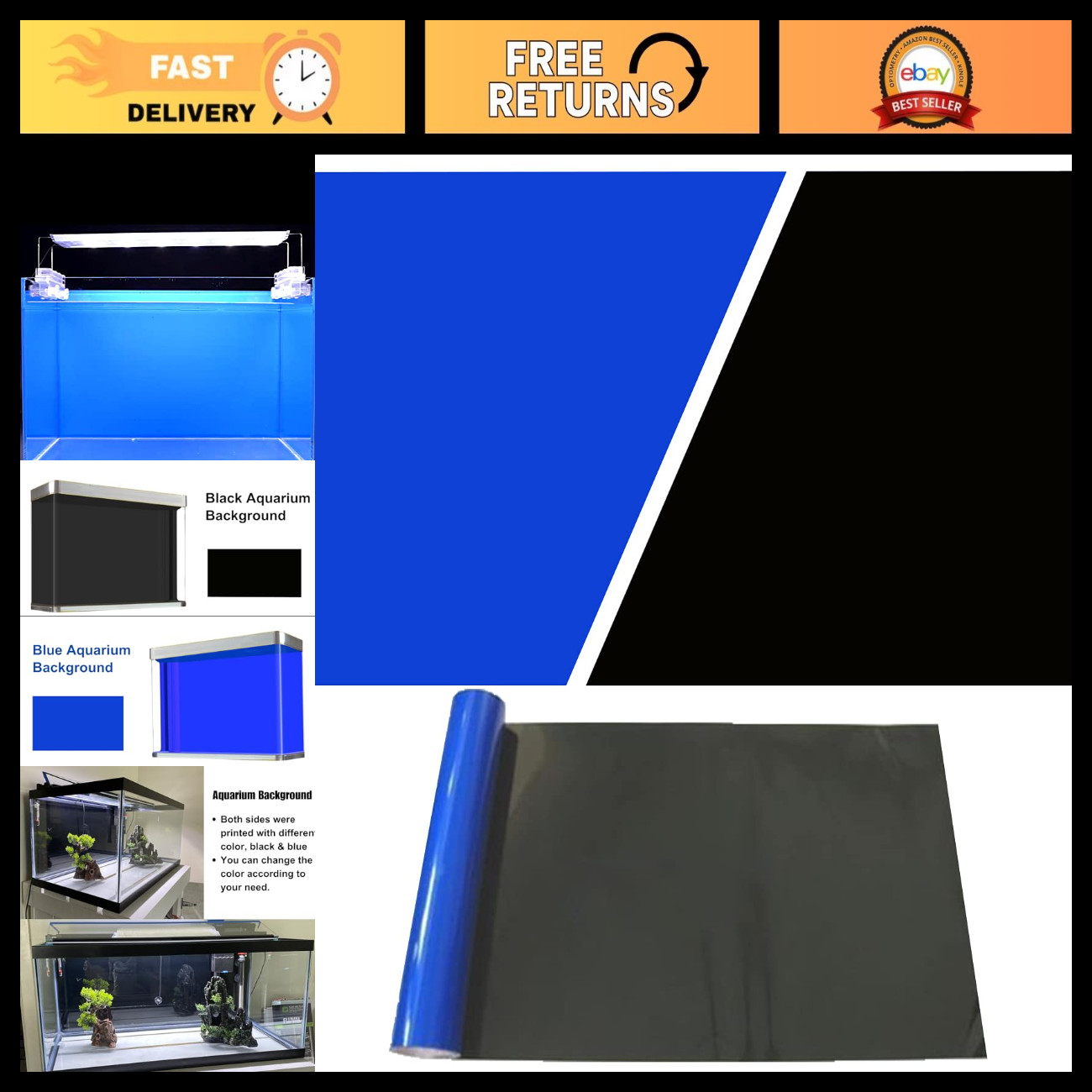 ELEBOX Aquarium Background Blue Black Fish Tank Background Picture 2 Sides Fish
