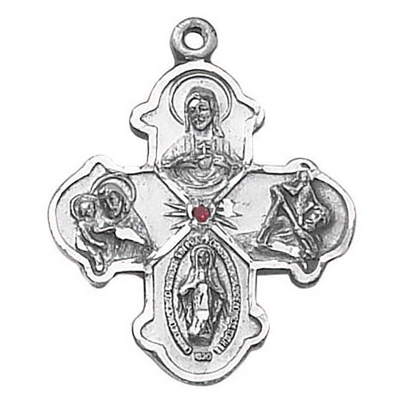 Religious Sterling Silver Medal Four Way Medal Size 1.125 in with 24 in Chain