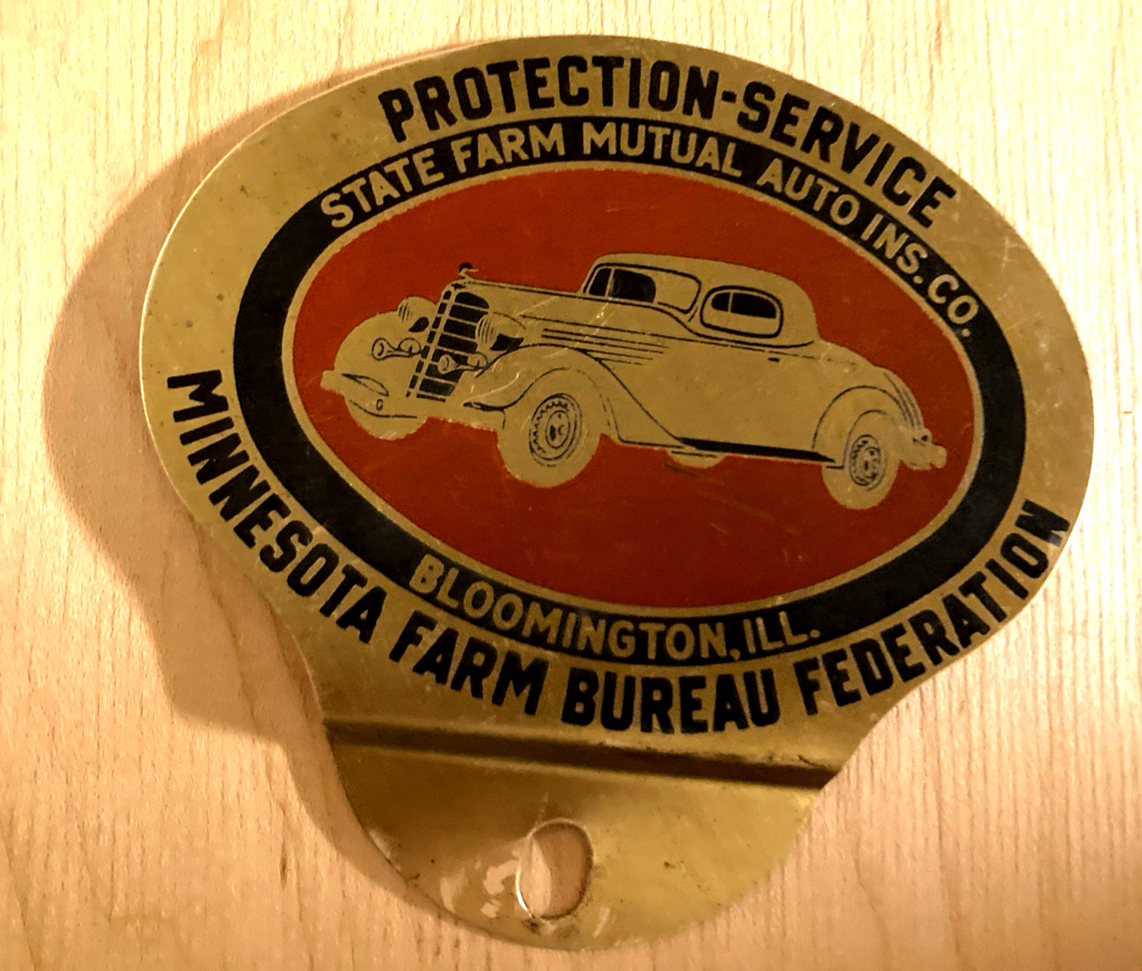 Vtg State Farm Mutual Auto Ins.Brass Plaque Plate Topper with 1934 Packard