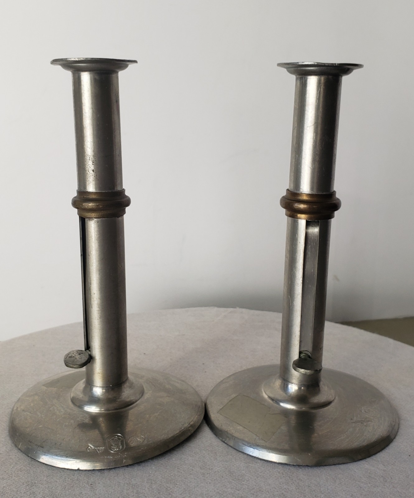 Vtg  Pewter/Brass Mid CENTURY Modern Push Up Design Candle Holder Hallmarked
