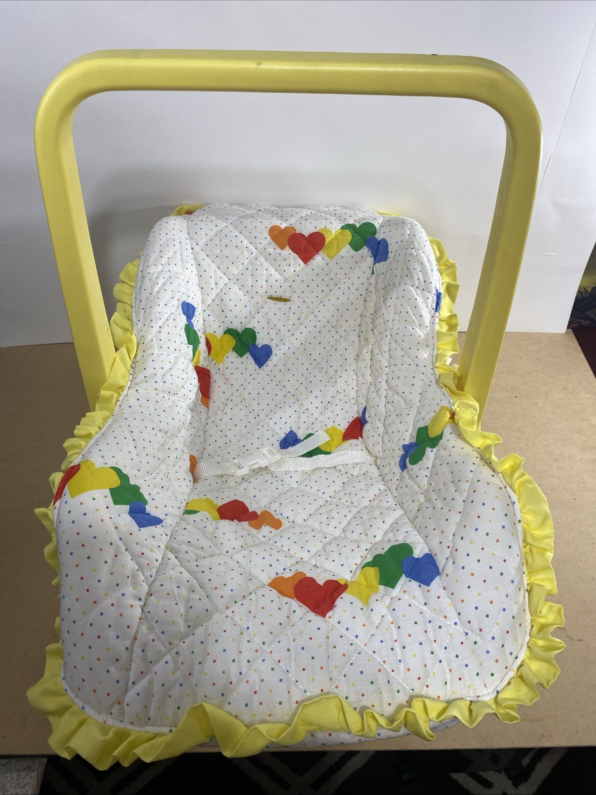 Vintage 80s Century Infant Rocker Carrier Rainbow Hearts WORKING MUSIC BOX DOLL