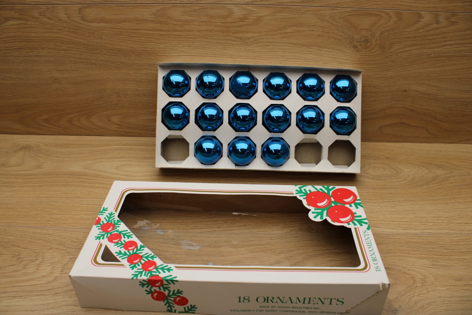 Vintage Rauch Kmart Blue Glass Christmas Ball Ornaments 15 Original Box USA