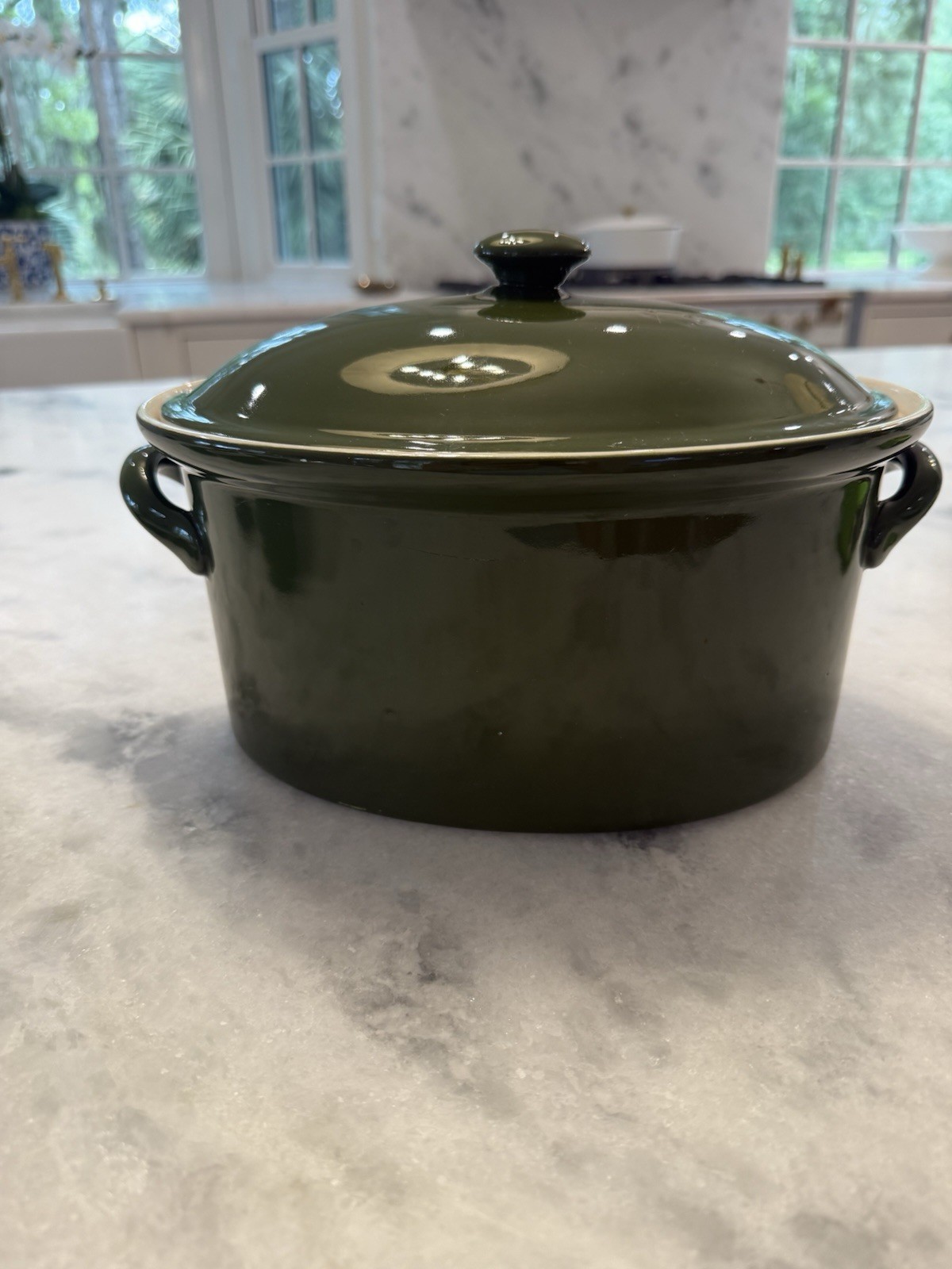 Vintage Hall Pottery Oval Baking Dish w/ Lid  102 Olive Green Deep Casserole