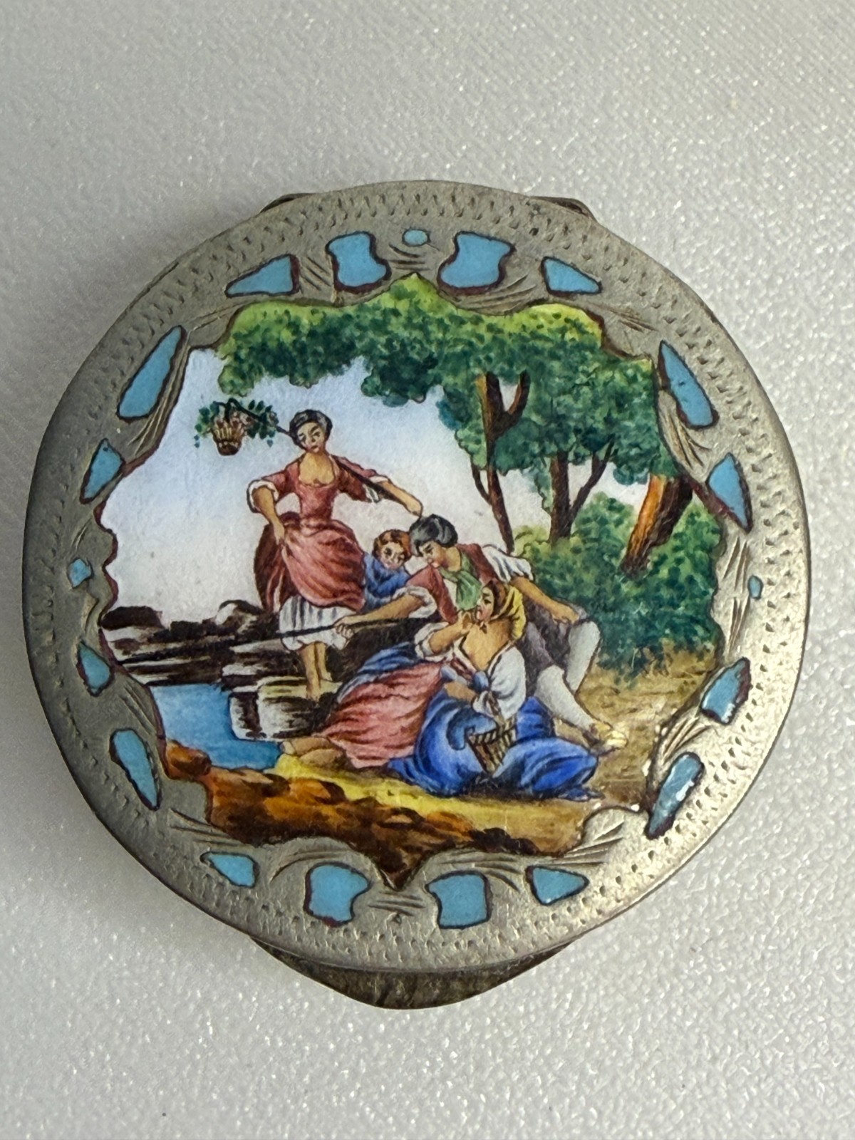 Antique 800 Silver Scenic Enamel Pill Snuff Box Engraved Turquoise Antique 800 Silver Scenic Enamel Pill Snuff Box Engraved Turquoise