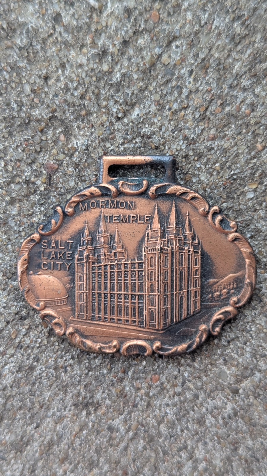 Antique Mormon Temple Utah Copper souvenir Watch fob Salt Lake City, Utah