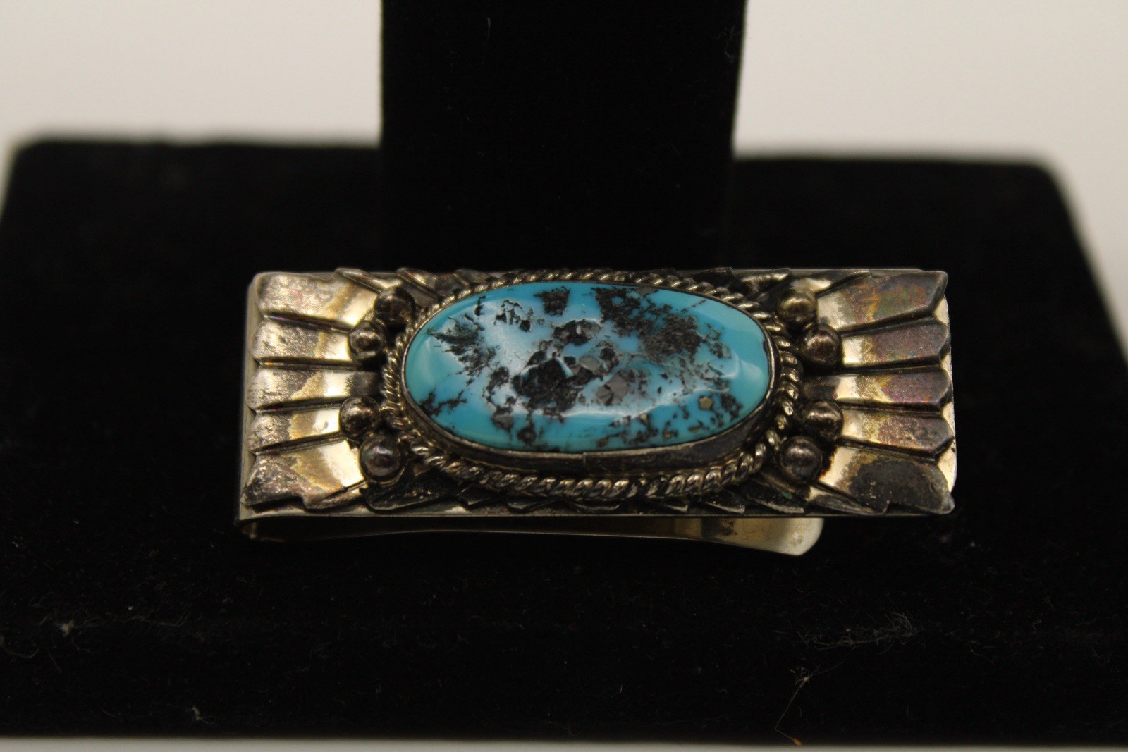 Rare Vtg Native American Sterling Silver Money Clip W/ Blue Gem Turquoise Stone