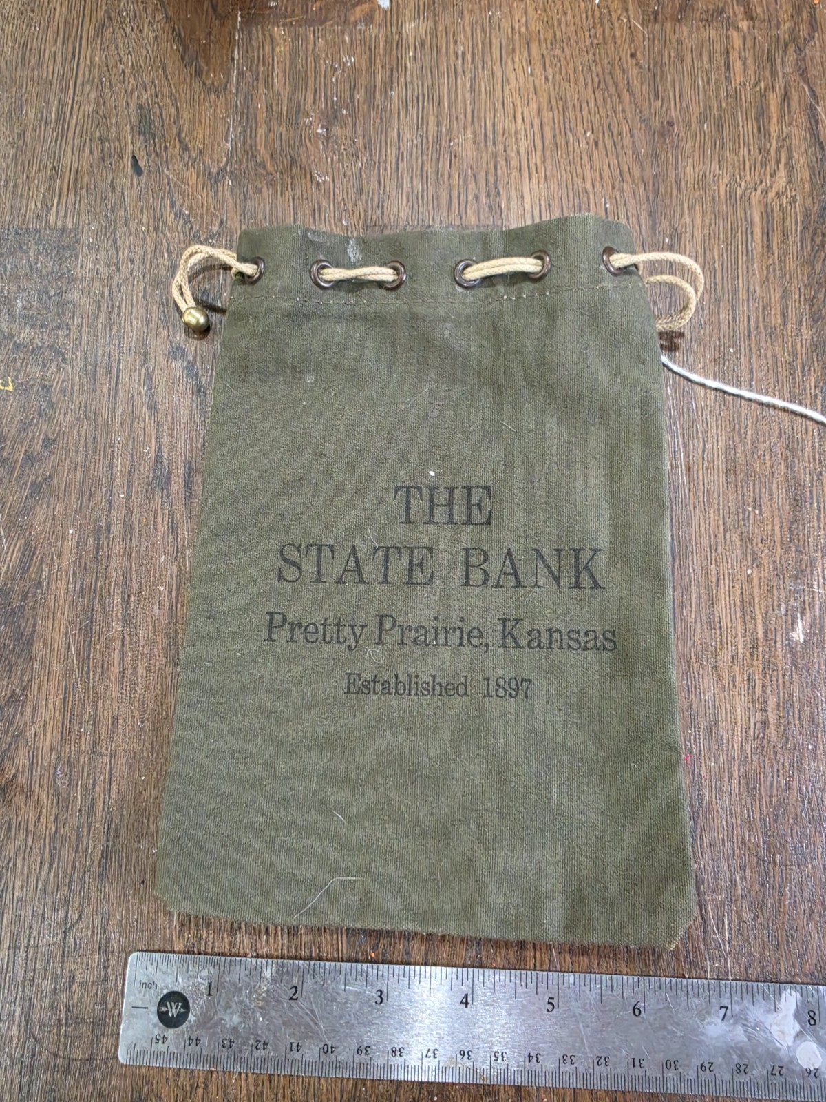 Vintage Olive Green Canvas Bank Bag - The State Bank Pretty Prairie Kansas 1897