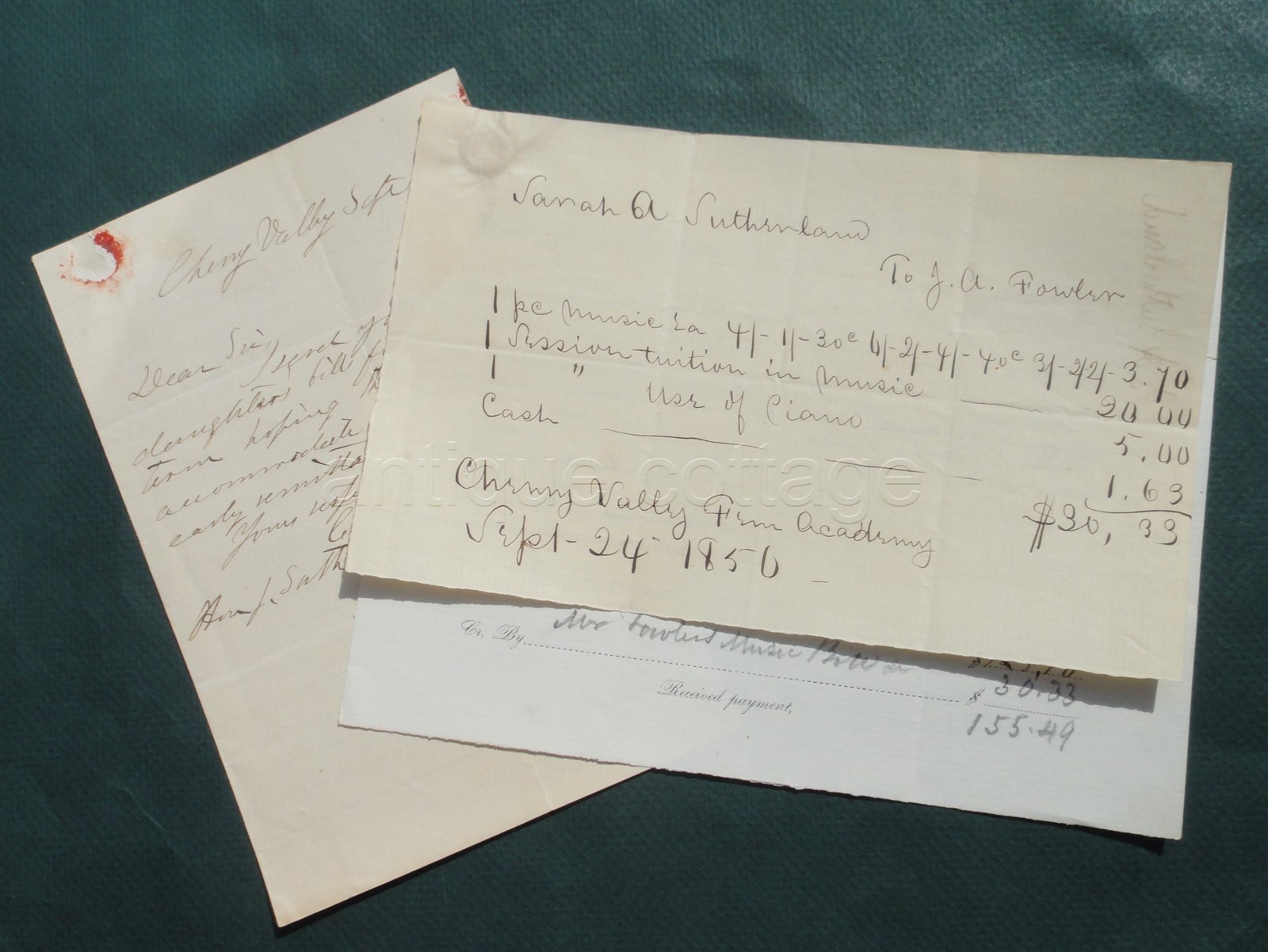 LOT 1856 antique 3pc EPHEMERA cherry valley female acad ny SUTHERLAND HAZELTINE