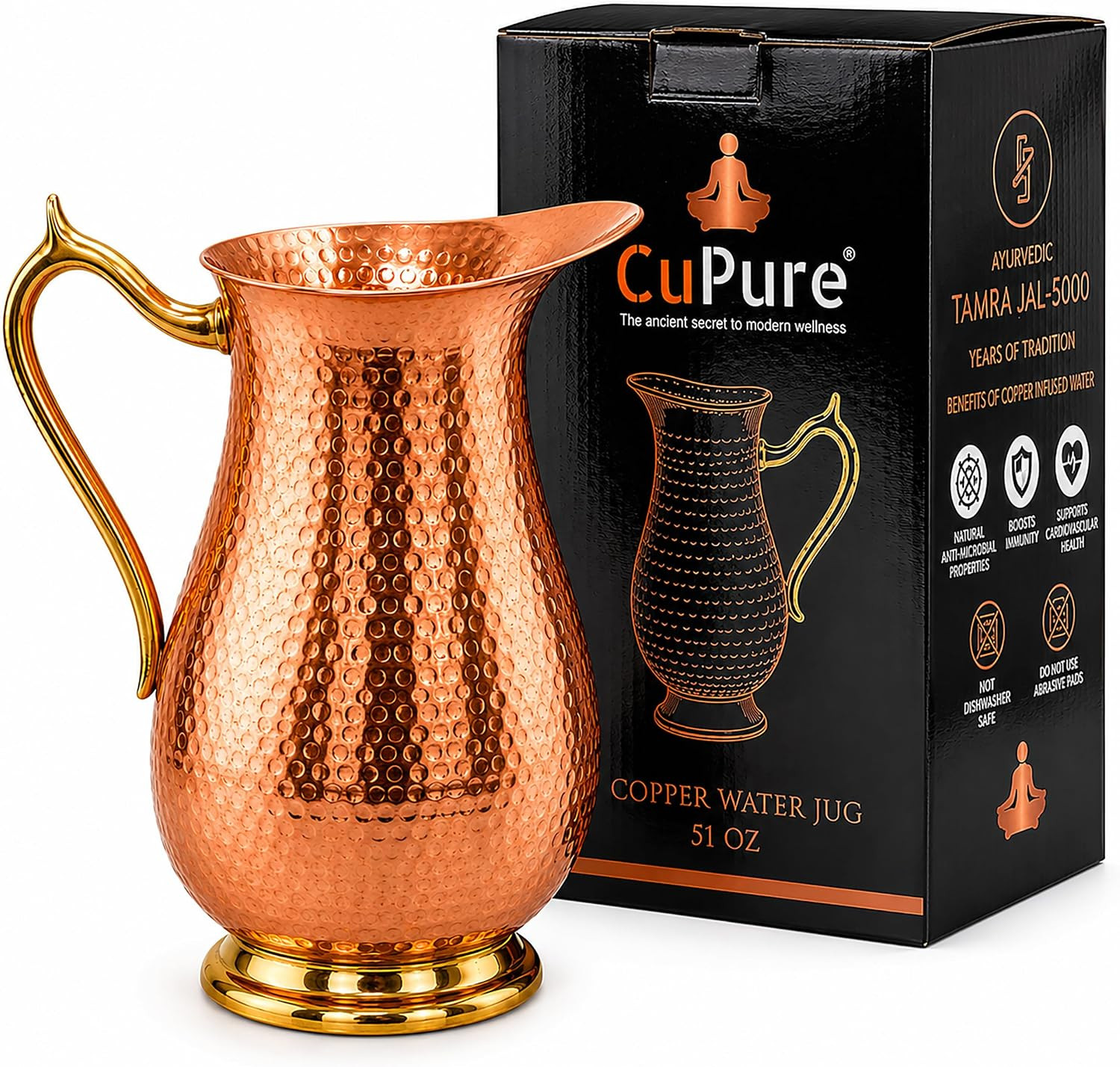 99.99% Pure Copper Water Jug 51 Oz, Hammered Copper Pitcher with Brass Handle &